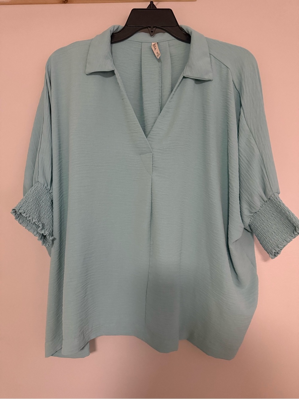 Zenana Outfitters Light Aqua Collared V-Neck Blouse